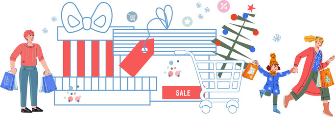 Christmas and New Year gifts banner design. Christmas sale and New Year discount banner or poster template with people near huge boxes.