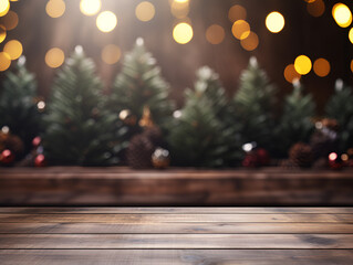 Empty wood table with Christmas decor and blurred background with lights