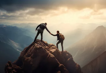 Foto op Plexiglas Two people helping each other on a mountain top © yganko