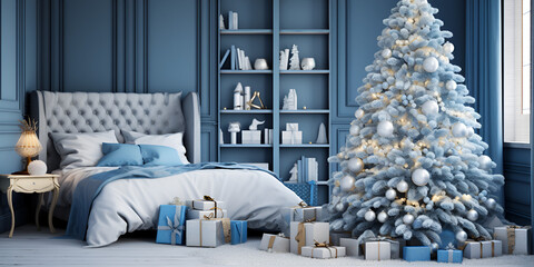Blue modern Christmas bed room interior with decorated Xmas tree and presents