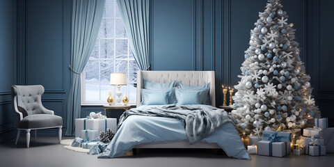 Blue modern Christmas bed room interior with decorated Xmas tree and presents