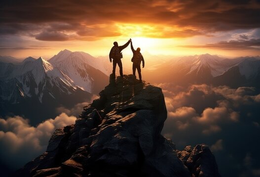 Two People Helping Each Other On A Mountain Top