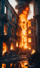 Burning old house in the city. Fire in the city. The concept of the consequences of war