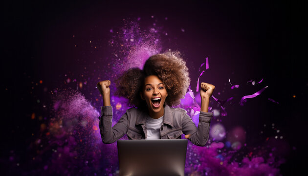 A woman who is excited. You have won a prize. Purple background. Bold colours. Excitement. Celebration. In front of a laptop.