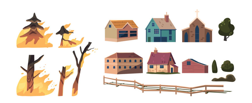 Set of Icons Forest Fire Natural Disaster Theme. Burning Trees, Countryside Buildings, Cottage Homes, Wooden Fence