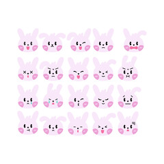 Cute Rabbit Face Emoticons Set. Happy, Angry, Crying, Love and Sleeping Cute Faces.