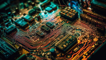 Obraz premium Complexity of semiconductor industry shown in close up of computer chip generated by AI