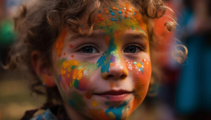Cheerful children playing with colorful paint, enjoying traditional festival outdoors generated by AI
