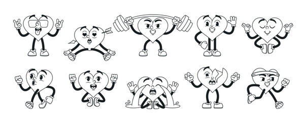 Black And White Set Of Cartoon Heart Characters, Showcasing A Range Of Emotions, From Love-struck To Heartbroken
