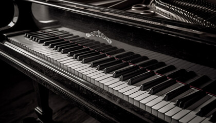 Antique piano key shines on old grand piano, majestic elegance generated by AI
