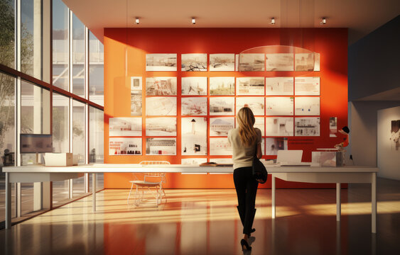 A woman standing in front of a collection of images on a wall. Art gallery. Art exhibition. Bold.
