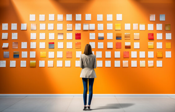 A woman standing in front of a collection of images on a wall. Art gallery. Art exhibition. Bold. Contemplation. Orange wall.