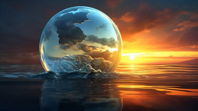 1 Produce an image of a glass globe floating above a serene ocean at sunset, with wind turbines and solar panels visible on the horizon, symbolizing the beauty of marine and solar energy