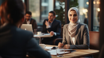 A muslim woman wearing a hijab in an office. Having a meeting over coffee. Smiling. Friendly. Diversity. Inclusion. Belonging. DEI. DEIB
