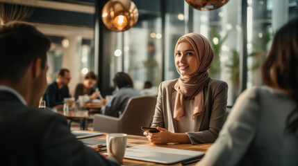 A muslim woman wearing a hijab in an office. Having a meeting over coffee. Smiling. Friendly. Diversity. Inclusion. Belonging. DEI. DEIB
