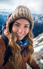 Fototapeta na wymiar Woman takes a selfie during an alpine excursion, in the background a valley and high mountains