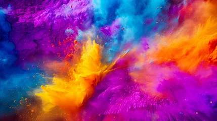 Fotobehang Holi color paint splatter powder festival explosion burst powder wide background, wallpaper 16:9. © ArtStockVault