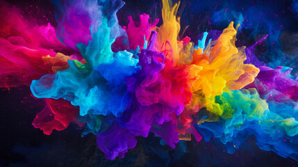 Holi color paint splatter powder festival explosion burst powder wide background, wallpaper 16:9. - obrazy, fototapety, plakaty