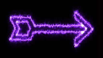 purple neon arrow direction on  background. Bright neon right abstract directional icon. neon glowing arrows.