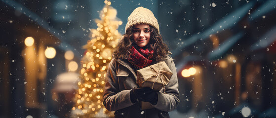 Young woman, female near Christmas  city street. Christmas blurred background with lights, bokeh. shopping template.New Year Holidays mockup. Generative ai
