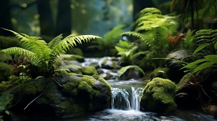 Fototapeta premium A miniature waterfall cascading onto a bed of smooth river stones, surrounded by lush ferns, rainforest background