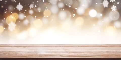 Shiny luxury bokeh christmas festival background, blur glitter snow winter backdrop with empty wooden table top for product display, golden festive new year holiday card with copy space Ai generated