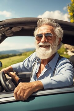Happy bearded senior man on a road trip