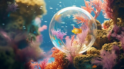 A soap bubble floating above a pristine coral reef, showcasing marine biodiversity