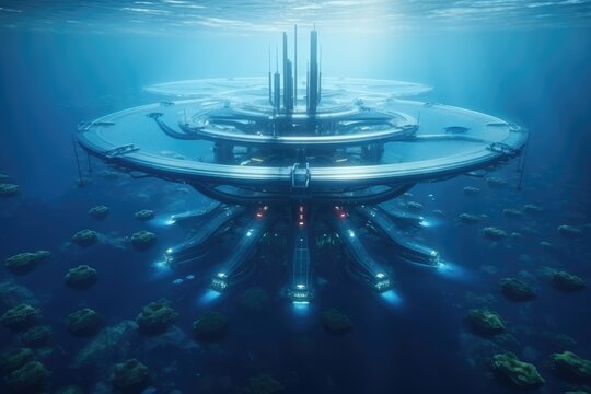 Futuristic power plant of the future in the ocean, water energy