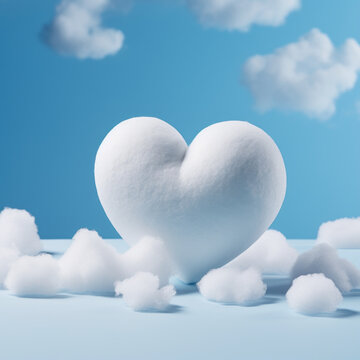 White soft cotton hearts with a light sky blue background. The concept of love. Minimalism.