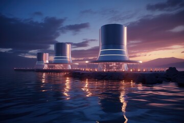 Futuristic power plant of the future in the ocean, water energy