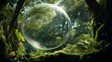 A soap bubble reflecting a lush rainforest canopy, symbolizing biodiversity preservation