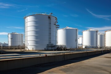 Tank farm with rows of oil storage tanks.