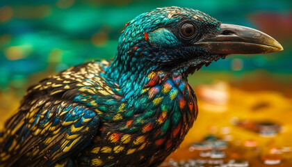 Obraz premium Majestic rooster with multi colored feathers looking at camera in nature generated by AI