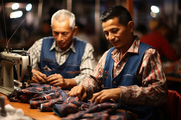 Obraz premium Asian senior men working in textile production in asia