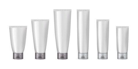 Squeeze tube packaging. Vector mock-up set. White blank plastic collapsible tube with screw flip top cap realistic mockup. Various volumes and sizes. Template for design