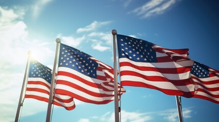 Obraz premium Many Flying American flag on blue sky megapolis background web banner. Constitution day, Independence Day 4th july, memorial day of United States. Closeup of waving flag, National flag of USA