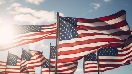 Many Flying American flag on blue sky megapolis background web banner. Constitution day, Independence Day 4th july, memorial day of United States. Closeup of waving flag, National flag of USA