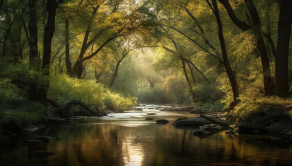 Obraz premium Tranquil scene of a multi colored autumn forest with flowing water generated by AI
