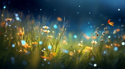 A tiny firefly illuminating a cluster of wildflowers at twilight, field of fireflies background