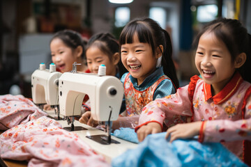 children in sewing workshops sew clothes with sewing machines - obrazy, fototapety, plakaty