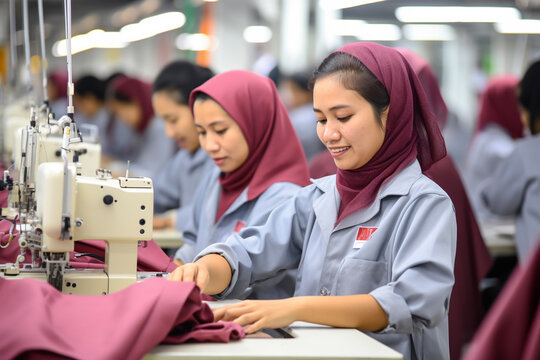"Arab women in wholesale sewing workshops sew clothes with sewing machines for large Western companies."