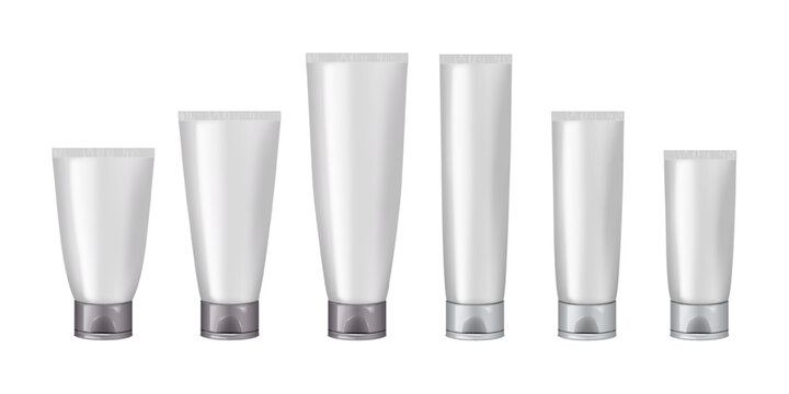 Squeeze tube packaging. Vector mock-up set. White blank plastic collapsible tube with screw flip top cap realistic mockup. Various volumes and sizes. Template for design