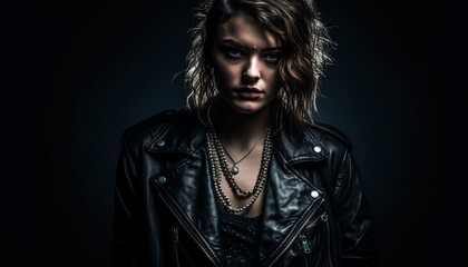 Young adult fashion model exudes sensuality in leather jacket portrait generated by AI