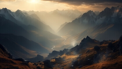 The beauty in nature at dawn mountain peak, sunrise, landscape generated by AI