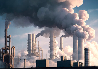 Factory polluting the environment, ecology concept. Generative AI.