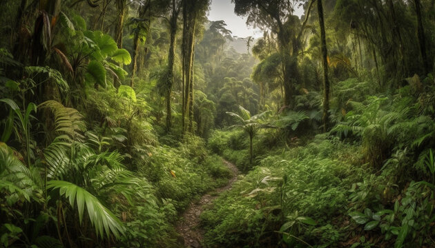 Tranquil scene of wet ferns and growth in non urban wilderness generated by AI