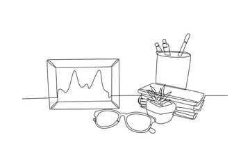 One continuous line drawing of accessories and office equipment concept. Doodle vector illustration in simple linear style. 