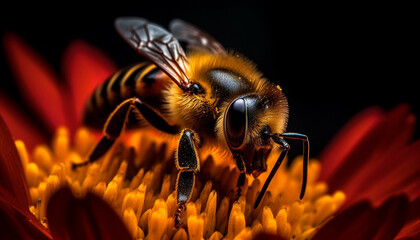 Busy honey bee collecting pollen from a yellow flower petal generated by AI