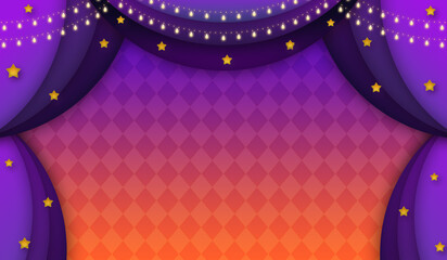 【ハロウィン】Stage　curtain＆ornament　星と紫のカーテンとダイヤ柄のステージ　オレンジから紫のグラデーション　雫型のかざり